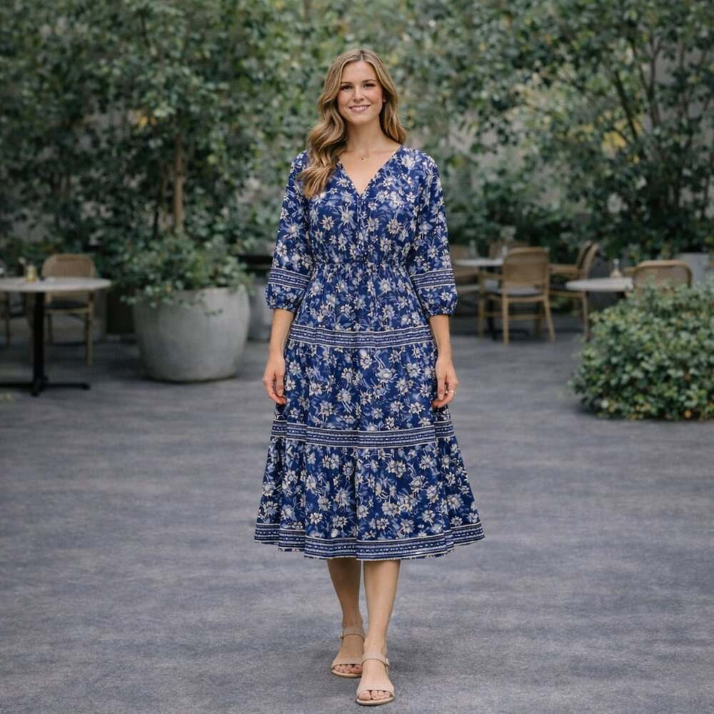 LOFT Petites Blue Floral Tiered Dress V Neck Long Sleeve Size XLP Boho